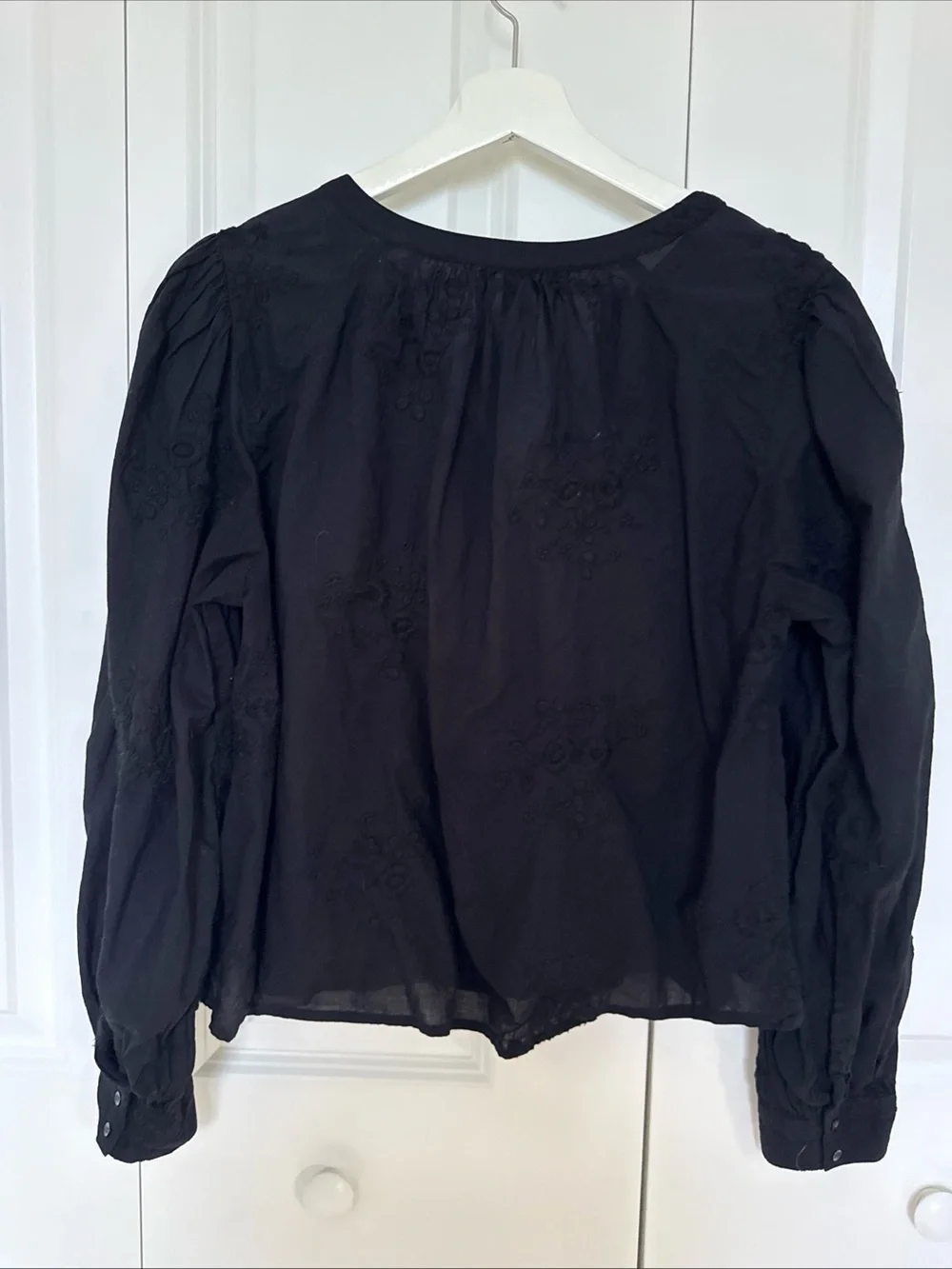 Embroidered Longsleeve Cropped Black Blouse Cottage Core Hippie Boho Sz L - Picture 3 of 6